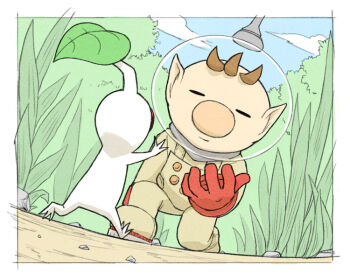 1boy big_nose blue_sky border brown_hair buttons closed_eyes closed_mouth cloud colored_skin day flat_color full_body gloves grass happy helmet leaf looking_at_another male_focus mini_person miniboy naru_(wish_field) nintendo olimar on_one_knee outdoors outstretched_hand patch pebble pikmin_(series) pointy_ears radio_antenna red_eyes red_gloves short_hair sky smile space_helmet spacesuit tree very_short_hair white_border white_pikmin white_skin