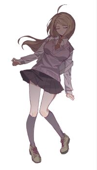 02gr_ois 1girl ahoge akamatsu_kaede blonde_hair breasts closed_eyes collared_shirt commentary_request danganronpa_(series) danganronpa_v3:_killing_harmony fortissimo full_body hair_ornament highres kneehighs knees_together_feet_apart long_hair long_sleeves musical_note musical_note_hair_ornament necktie pink_sweater_vest pink_vest pleated_skirt red_necktie school_uniform shirt skirt socks solo standing sweater_vest twitter_username vest white_background white_shirt