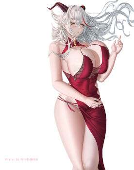 Rule 34 | 1girl, absurdres, aegir (azur lane), alternate costume, artist name, azur lane, breasts, chinese commentary, cleavage, commentary request, dress, evening gown, highres, horns, huge breasts, lying, multicolored hair, on side, red dress, red hair, simple background, sleeveless, sleeveless dress, slit pupils, solo, streaked hair, two-tone hair, white background, white hair, yellow eyes, yuzuriha (pixiv 14248010)