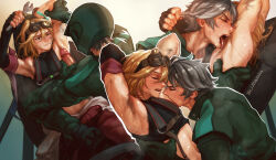 2boys alhaitham_(genshin_impact) arm_wrap armpit_focus armpit_hair armpit_sex armpits biker_clothes bludwing bulge closed_eyes detached_sleeves dirty erection erection_under_clothes genshin_impact gloves grey_hair hair_between_eyes helmet highres kaveh_(genshin_impact) kaveh_(teyvat_turboflux)_(genshin_impact) licking licking_armpit male_focus male_pubic_hair mature_male mechanic motorcycle_helmet multiple_boys muscular one_eye_closed penis precum precum_through_clothes pubic_hair racing_suit short_hair sweat yaoi