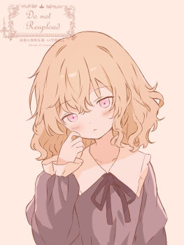 1girl absurdres black_ribbon blonde_hair blush closed_mouth commentary_request dress frilled_sleeves frills frown hand_up head_tilt highres iris-san long_sleeves looking_at_viewer maribel_hearn medium_hair no_headwear purple_dress purple_eyes ribbon scratching_cheek simple_background solo touhou upper_body wavy_hair white_background