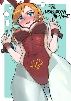 Rule 34 | animal ear hairband, animal ears, blue eyes, blush, bow, bowtie, breasts, character name, commentary request, copyright name, covered navel, cowboy shot, detached collar, double v, earth federation, fake animal ears, fake tail, formal clothes, from below, gundam, hairband, hands up, highres, large breasts, leotard, lil somers, long hair, looking at viewer, looking down, mobile suit gundam, mobile suit gundam: ms sensen 0079, motion lines, orange hair, pantyhose, playboy bunny, puff of air, rabbit ear hairband, rabbit ears, rabbit tail, red bow, red bowtie, red leotard, red wrist cuffs, see-through clothes, see-through leotard, strapless, strapless leotard, suit, sweatdrop, tail, tearing up, trembling, v, white leotard, white pantyhose, wrist cuffs, yamany
