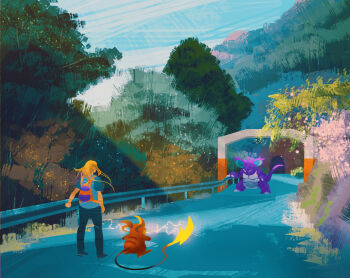 1boy backpack bag barricade blonde_hair blue_sky bush claws cloud cloudy_sky commentary electricity english_commentary forest gen_1_pokemon grass highres lightning long_hair nature nidoking nintendo outdoors plant poke_ball pokemon pokemon_(creature) raichu road rock simone_mandl sky tail tree tunnel