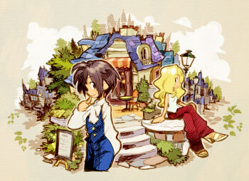 Rule 34 | 2girls, annie berton, arm behind back, arm support, bare arms, black hair, blonde hair, blue skirt, blue vest, bow, bowtie, building, buttons, cafe, chair, closed mouth, cloud, collared shirt, commentary request, crossed legs, door, double-breasted, earrings, finger to own chin, high heel sandals, jewelry, lamppost, long hair, long sleeves, looking at another, matsuda (matsukichi), menu board, multiple girls, original, outdoors, pants, plant, potted plant, red pants, sandals, shirt, short hair, sideways glance, sitting, skirt, sleeveless, sleeveless shirt, smile, stairs, stud earrings, table, tree, vest, wavy hair, white bow, white bowtie, white sandals, white shirt, yvette martin