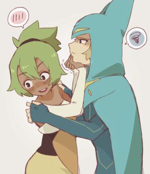 Rule 34 | 1boy, 1girl, amalia sheran sharm, bare shoulders, blush, brown eyes, closed mouth, dark-skinned female, dark skin, detached sleeves, green hair, hair between eyes, hetero, highres, hood, hood up, light brown hair, open mouth, ponytail, simple background, sleeveless, spoken blush, spoken squiggle, squiggle, wakfu, yomo (yomooo1313), yugo (wakfu)