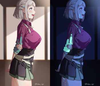 1girl :d black_skirt blue_eyes blue_hair blurry blurry_background blush braid breasts dark deras from_side gakuen_idolmaster green_skirt grey_hair highres idolmaster katsuragi_lilja large_breasts multicolored_hair open_mouth profile red_shirt shirt short_hair skirt smile solo suggestive_fluid teeth twitter_username two-tone_hair two-tone_skirt ultraviolet_light upper_teeth_only