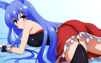 1girl animal_ears bare_shoulders black_gloves black_thighhighs blue_background blue_hair blush breast_press breasts calendar_(medium) commentary_request from_behind garter_straps gloves highres kurousagi_(mondaiji) large_breasts looking_at_viewer looking_back mondaiji-tachi_ga_isekai_kara_kuru_sou_desu_yo? panties pantyshot pink_eyes rabbit_ears simple_background skirt solo sugimura_tomokazu thighhighs underwear white_panties