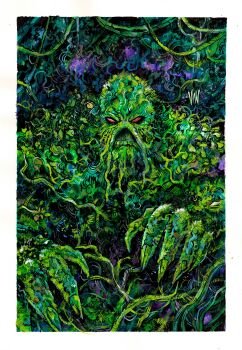1boy absurdres artist_name beak colored_skin creature dc_comics flower forest grass green_hood green_skin highres jungle male_focus monster nature red_eyes signature solo solo_focus swamp_monster swamp_thing vinartwork western_comics_(style) wet_and_messy wetland