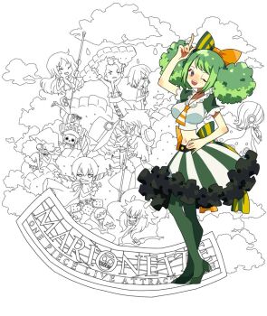 3girls 6+boys ann_(one_piece) brothers caesar_clown charlotte_cracker commentary_request crop_top freckles frilled_skirt frills full_body green_hair green_pantyhose hand_on_own_hip hat headphones holding holding_staff long_nose monkey_d._luffy multiple_boys multiple_girls nami_(one_piece) necktie noise_pp one_eye_closed one_piece pants pantyhose roronoa_zoro sabo_(one_piece) sanji_(one_piece) siblings sidelocks skirt smile staff straw_hat tony_tony_chopper twintails usopp vinsmoke_reiju