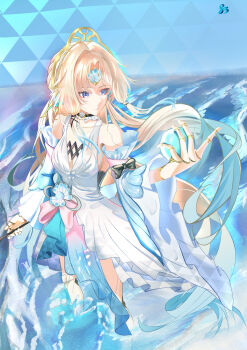 1girl absurdres android arisuyang arm_up bell_sleeves black_choker blonde_hair blue_dress breasts calligraphy_brush choker cleavage closed_mouth commentary_request detached_sleeves dress forehead_jewel frilled_choker frilled_dress frilled_sleeves frills full_body gradient_hair hand_up high_heels highres honkai:_star_rail honkai_(series) long_hair long_sleeves looking_at_viewer looking_to_the_side multicolored_hair paintbrush parted_bangs pearl_(honkai:_star_rail) purple_eyes robot robot_girl smile solo standing two-tone_dress very_long_hair water white_dress white_sleeves wide_sleeves