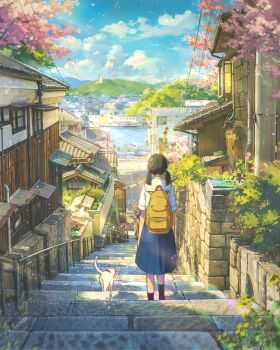 Rule 34 | 1girl, backpack, bag, bird, black hair, black socks, blue skirt, blue sky, building, cat, cherry blossoms, city, cloud, commentary request, day, harbor, highres, hiroshima prefecture, house, medium hair, morning, mountainous horizon, onomichi (city), original, outdoors, pleated skirt, power lines, real world location, ryowelcome1, sailor collar, school uniform, serafuku, shirt, skirt, sky, socks, solo, stairs, stone wall, tree, twintails, vanishing point, walking, white bird, white cat, white sailor collar, white serafuku, white shirt