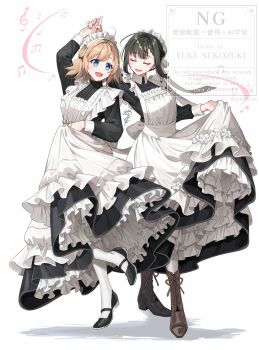 2girls :d apron arm_up beamed_eighth_notes black_hair black_shoes blonde_hair blue_eyes boots breasts brown_boots closed_eyes commentary_request dancing eighth_note frilled_apron frills hat highres lace-up_boots long_sleeves maid maid_apron maid_headdress mob_cap multiple_girls musical_note nekozuki_yuki open_mouth original pantyhose quarter_note shadow shoes small_breasts smile standing standing_on_one_leg treble_clef watermark white_apron white_background white_hat white_pantyhose