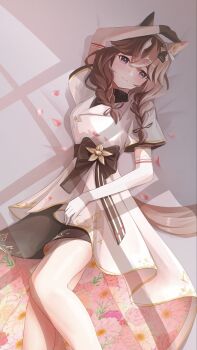 1girl animal_ears asymmetrical_gloves black_dress black_gloves blush bow braid breasts brown_bow brown_hair closed_mouth curren_bouquetd&#039;or_(umamusume) dress elbow_gloves gloves grey_eyes hair_between_eyes hair_ornament hairband highres horse_ears horse_girl horse_tail long_hair looking_at_viewer low_twin_braids lying medium_breasts mismatched_ear_covers on_back pilinthia short_sleeves smile solo tail twin_braids umamusume uneven_gloves white_dress white_gloves white_streaks