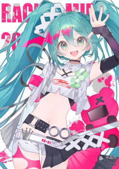 1girl :d absurdres arm_up bare_shoulders black_choker black_sleeves blue_eyes blue_hair blush choker cowboy_shot crop_top cropped_shirt detached_sleeves double-parted_bangs goodsmile_company goodsmile_racing hair_between_eyes hatsune_miku highres long_hair long_sleeves looking_at_viewer nail_polish navel open_mouth racing_miku racing_miku_(2025) red_nails ri_zhi shirt short_shorts shorts smile solo twintails vocaloid white_shirt white_shorts