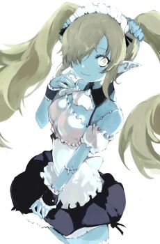 1girl armlet bare_shoulders black_skirt blue_scrunchie blue_skin blush breasts colored_skin constricted_pupils cowboy_shot detached_collar disgaea fang hair_ornament hair_over_one_eye hair_scrunchie hand_up highres jewelry long_hair looking_at_viewer maid maid_(disgaea) maid_headdress makai_senki_disgaea_5 pointy_ears scrunchie sidelocks simple_background skirt small_breasts smile solo standing stitched_arm stitches tsutsugano twintails white_background wrist_cuffs yellow_eyes zombie