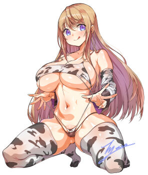 1girl :q absurdres animal_print armpit_crease artist_name bare_shoulders bikini bikini_bottom_only black_bikini blush breasts brown_hair closed_mouth collarbone commentary commission cow_print cow_print_sleeves cow_print_thighhighs dated detached_sleeves english_commentary full_body gluteal_fold groin hair_between_eyes hands_up highres large_breasts layered_bikini layered_swimsuit long_hair long_sleeves looking_at_viewer navel no_shoes original print_sleeves print_slingshot_swimsuit print_thighhighs purple_eyes rantia sidelocks signature simple_background skindentation slingshot_swimsuit smile solo squatting stomach strap_gap strap_pull swimsuit thighhighs thighs tiptoes tongue tongue_out underboob very_long_hair white_background white_thighhighs