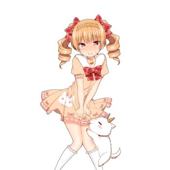 1boy blush bow bowtie brown_hair collar crossdressing crossdressing_(mtf) dress drill_hair fur_collar goat gold_hairband hair_bow hairband kneehighs looking_at_viewer orange_dress puffy_short_sleeves puffy_sleeves red_bow red_bowtie red_eyes robin_doubt short_sleeves skirt_hold socks trap tsukudani_norio uchi_no_hime-sama_ga_ichiban_kawaii white_collar white_socks