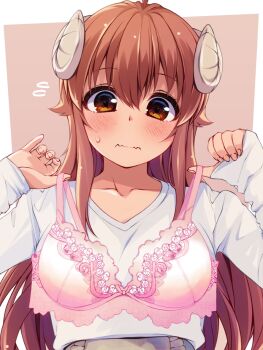 1girl blush bra breasts chuutaro_metal collarbone embarrassed flying_sweatdrops hair_between_eyes horns large_breasts lingerie machikado_mazoku pink_bra solo trying_on_clothes underwear yoshida_yuuko