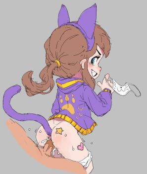 1boy 1girl a_hat_in_time anal anal_object_insertion anal_tail animal_ears ass bent_over blue_eyes brown_hair butt_plug cat_ears cat_tail clothed_female_nude_male cum cum_in_pussy cum_overflow eyebrows fake_animal_ears fake_tail from_behind grey_background grin hand_up happy happy_sex hat_kid heart hetero highres hood hood_down hooded_jacket jacket kinshi76 legs_together loli long_hair long_sleeves looking_at_viewer looking_back mask motion_lines mouth_mask nude object_insertion panties panties_around_leg penis ponytail profile pussy sex sex_from_behind sex_toy shiny_skin sidelocks simple_background smile solo_focus star_(symbol) sticker surgical_mask tail teeth uncensored underwear vaginal