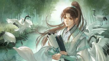 1boy absurdres androgynous architecture bamboo bamboo_forest bird bishounen blue_sky brown_eyes brown_hair chinese_clothes closed_mouth commentary_request crane_(animal) curtained_hair day east_asian_architecture floating_clothes floating_hair forest grass green_hanfu hanfu high_ponytail highres holding holding_scroll layered_sleeves long_hair long_sleeves looking_at_viewer luo_binghe male_focus nature outdoors parted_bangs ponytail reflection renzha_fanpai_zijiu_xitong ripples rock scroll signature silver_trim sky smile solo straight_hair stream upper_body very_long_hair wide_sleeves yunchuan_1013