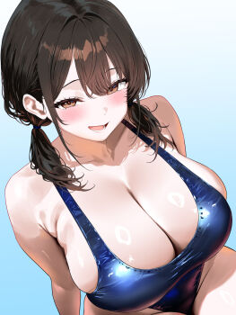 1girl blue_background blue_one-piece_swimsuit blush breasts brown_eyes brown_hair cleavage highres huge_breasts looking_at_viewer medium_hair oekakizuki one-piece_swimsuit open_mouth original sideboob simple_background smile solo swimsuit twintails