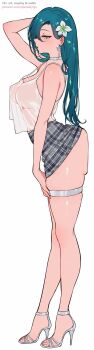 1girl aqua_hair arm_up ass bare_arms bare_shoulders breasts earrings flower from_side full_body green_eyes hair_flower hair_ornament high_heels highres jewelry large_breasts long_hair looking_at_viewer original paid_reward_available qiandaiyiyu rin_(qiandaiyiyu) see-through_clothes see-through_shirt shirt sideways_glance simple_background solo standing thigh_strap thighs white_background white_shirt
