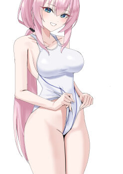 1girl absurdres amaama_(beccyonaika1) bare_arms blue_eyes blush breasts clothes_lift collarbone commentary competition_swimsuit cowboy_shot dot_nose groin hair_between_eyes highleg highleg_one-piece_swimsuit highres large_breasts long_hair looking_at_viewer megurine_luka megurine_luka_(racing_swimsuit) official_alternate_costume one-piece_swimsuit paid_reward_available pink_hair ponytail project_diva_(series) project_diva_f sidelocks simple_background smile solo standing swimsuit swimsuit_lift thighs tsurime very_long_hair vocaloid white_background white_one-piece_swimsuit
