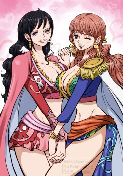 2girls apple7apo bare_legs black_hair blush bracelet breasts cape capre cigarette cleavage crop_top curvy earrings gloriosa_(one_piece) highres holding_hands jewelry large_breasts long_hair looking_at_viewer miniskirt multiple_girls navel one_eye_closed one_piece red_hair shakuyaku_(one_piece) skirt smile smoking snake_earrings thighs wink
