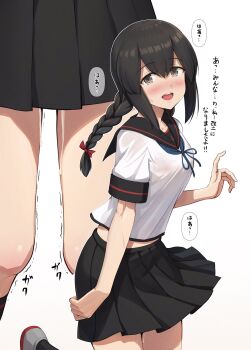 1girl aftersex anchor_symbol black_eyes black_hair black_sailor_collar black_skirt braid commentary_request cowboy_shot cum cumdrip hair_between_eyes highres ichikawa_feesu isonami_(kancolle) isonami_kai_ni_(kancolle) kantai_collection multiple_views open_mouth pleated_skirt pussy_juice round_teeth sailor_collar school_uniform serafuku sidelocks simple_background skirt teeth translation_request trembling twintails upper_teeth_only white_background zoom_layer