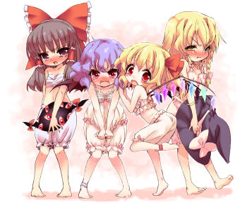 4girls absurdres aged_down angry ankle_cuffs ankle_garter anklet barefoot bat_wings bloomers blush bow camisole chemise covering_privates embarrassed feet female_focus flandre_scarlet full_body fumitan_(humitan) gap_(touhou) graphite_(medium) hair_bow hakurei_reimu hat highres jewelry kirisame_marisa lingerie loli mixed_media multiple_girls pinup_(style) remilia_scarlet sarashi sexually_suggestive standing standing_on_one_leg touhou traditional_media underwear underwear_only wings witch witch_hat