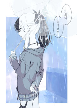 1girl absurdres arm_behind_back black_choker black_hair black_hoodie blue_archive border choker commentary_request cowboy_shot demon_girl demon_horns demon_wings hair_between_eyes hand_up highres holding holding_umbrella hood hood_down hoodie horns kayoko_(blue_archive) kisaka limited_palette looking_at_viewer looking_back low_wings miniskirt multicolored_hair outdoors outside_border plaid_clothes plaid_skirt pleated_skirt ponytail profile rain sidelocks sideways_glance single_wing sketch skirt solo speech_bubble translated transparent transparent_umbrella two-tone_hair umbrella white_background white_border wings