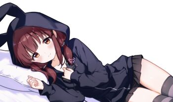1girl animal_hood blush brown_hair highres hood hood_up hoodie idolmaster idolmaster_cinderella_girls jia_wenyuan looking_at_viewer low_twintails lying medium_hair miniskirt ogata_chieri on_side orange_eyes pillow rabbit_hood skirt smile solo thigh_gap thighhighs twintails