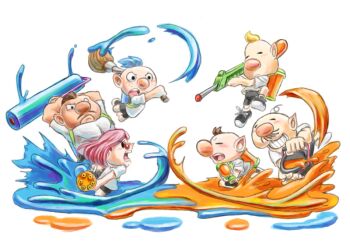 Rule 34 | 1girl, 5boys, abs, alien, alph (pikmin), alternate costume, big nose, black footwear, black hair, black shorts, blonde hair, blue hair, blue theme, blush, bottle, brittany (pikmin), brown hair, bucket, charlie (pikmin), closed eyes, commentary request, fighting, freckles, frown, glasses, gun, holding, holding brush, holding bucket, holding gun, holding weapon, ink tank (splatoon), inkbrush (splatoon), louie (pikmin), midair, mini splatling (splatoon), multiple boys, nintendo, no headwear, olimar, orange theme, paint can, paint roller, paint splatter, paintbrush, parody, pikmin (series), pink hair, pointy ears, president (pikmin), red-framed eyewear, shirt, shoes, short hair, short sleeves, shorts, slosher (splatoon), smirk, sneakers, solid oval eyes, splat charger (splatoon), splat roller (splatoon), splatoon (series), splattershot (splatoon), spray bottle, t-shirt, teeth, upper teeth only, v-shaped eyebrows, v-shaped eyes, very short hair, weapon, white background, white shirt, yamato koara