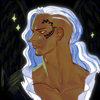 1boy aominecchi_d black_wings closed_mouth commentary dark-skinned_male dark_skin facial_hair facial_tattoo frilled_shirt frills goatee highres king_(one_piece) long_hair looking_to_the_side male_focus one_piece shirt solo sparkle tattoo white_hair wings