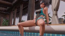 1girl 3d animated black_hair blue_eyes blue_hair competition_swimsuit dead_or_alive dead_or_alive_xtreme dead_or_alive_xtreme_venus_vacation female_masturbation highres lazyprocrastinator looping_animation masturbation multicolored_hair one-piece_swimsuit outdoors reika_(doa) solo streaked_hair swimming_goggles swimsuit tagme video
