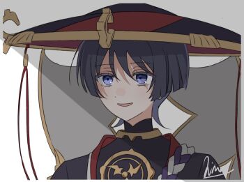 Rule 34 | 1boy, black bodysuit, black hair, black hat, black kimono, blunt ends, bodysuit, border, cropped torso, eyelashes, eyeliner, eyeshadow, genshin impact, gold, gold trim, grey veil, hat, japanese clothes, jewelry, jingasa, juban, kimono, kinako mochi100, looking to the side, makeup, male focus, mandarin collar, mitsudomoe (shape), neck ring, parted lips, portrait, purple eyes, purple rope, red eyeliner, red eyeshadow, red hat, red kimono, rope, scaramouche (genshin impact), shimenawa, signature, single sode, smile, solo, tomoe (symbol), two-tone hat, veil, white border, white kimono, white rope, wispy bangs