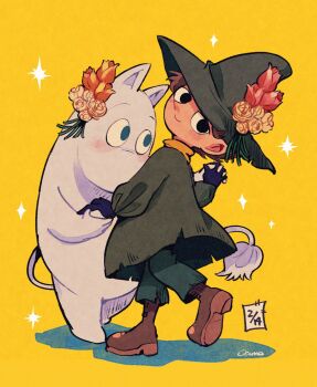 1boy 1other amazou boots brown_boots coat flower green_coat green_hat green_pants hat hat_flower highres looking_at_viewer moomin moomintroll pants snufkin wizard_hat yellow_background