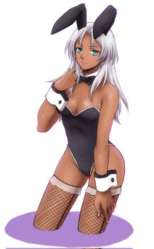 1girl animal_ear_hairband animal_ears black_leotard blue_eyes breasts cleavage closed_mouth commentary_request corrupted_twitter_file cowboy_shot cropped_legs dark-skinned_female dark_skin detached_collar elma_(xenoblade_x) fake_animal_ears fishnet_pantyhose fishnets gamex004 hairband hand_on_own_thigh highleg highleg_leotard highres leotard long_hair looking_at_viewer medium_breasts pantyhose playboy_bunny rabbit_ear_hairband rabbit_ears shiny_skin simple_background smile solo strapless strapless_leotard thighs white_background white_hair white_wrist_cuffs wrist_cuffs xenoblade_chronicles_(series) xenoblade_chronicles_x