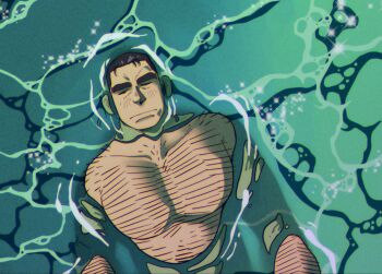 1boy afloat black_hair caustics closed_eyes closed_mouth commentary english_commentary grgxrt hairy highres male_focus muscular muscular_male original pectorals short_hair solo thick_eyebrows topless_male