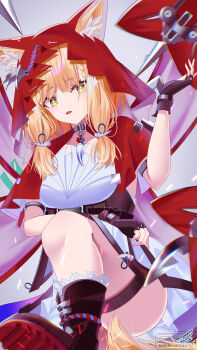 1girl absurdres animal_ear_fluff animal_ears arknights arknights:_endfield black_boots blonde_hair boots cape commentary_request dress ears_through_headwear highres hood hood_up hooded_cape knife looking_at_viewer open_mouth panties red_cape rossi_(arknights) sankaku_(maruchann32) solo tail thigh_strap underwear watermark white_dress wolf_ears wolf_girl wolf_tail yellow_eyes