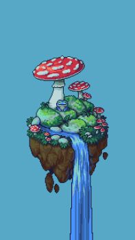 blue_background closed_mouth commentary english_commentary floating_rock fly_agaric frog grass highres looking_at_viewer moss mushroom no_humans original pixel_art red_mushroom rock simple_background tofupixel water waterfall
