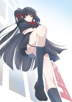 1girl arm_cutout arms_up black_hair black_serafuku black_shirt black_skirt black_socks character_name chisa_(wuthering_waves) clothing_cutout commentary_request crop_top hair_ribbon highres loafers long_hair midriff navel nmnmpngr red_ribbon ribbon school_uniform serafuku shirt shoes skirt socks solo tacet_mark_(wuthering_waves) thighs wuthering_waves