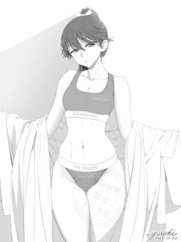 1girl artist_name calvin_klein clothes_writing commentary_request cowboy_shot dated grey_hair hair_ribbon highres houshou_(kancolle) kantai_collection long_hair open_clothes open_robe panties ponytail ribbon robe signature smile solo sports_bra standing underwear yuichi_(sp_sakura_yoshi)