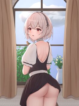 1girl :d absurdres ass azur_lane back_cutout black_dress black_hairband blush clothes_lift clothing_cutout day dress dress_lift from_behind hair_between_eyes hairband highres illisimonin indoors looking_at_viewer looking_back medium_hair open_mouth orange_eyes short_sleeves sirius_(azur_lane) smile solo standing thighs upskirt white_hair