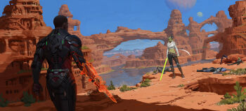 3boys 4girls alien arm_blade armor asari_(mass_effect) breasts brown_pants cactus colored_skin cropped_jacket drell energy_blade energy_sword goggles goggles_on_head green_skin highres holding holding_sword holding_weapon jedi krogan lekku_(anatomy) lightsaber looking_ahead making-of_available mass_effect_(series) medium_breasts moon multiple_boys multiple_girls navel omni-blade original outdoors pants power_armor star_wars sword turian twi'lek un_lee weapon