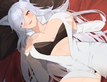 1girl animal_ear_fluff animal_ears artist_request black_bra black_panties bra breasts commentary discordia_(vtuber) english_commentary fox_ears fox_girl grabbing_own_breast highres indie_virtual_youtuber large_breasts long_hair long_sleeves lying on_back open_mouth panties red_eyes second-party_source solo underwear virtual_youtuber