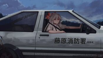 1girl blue_sky car cloud cloudy_sky driving fujiwara_no_mokou fujiwara_takumi's_toyota_trueno_ae86 highres initial_d motor_vehicle red_eyes seatbelt sky solo touhou toyota toyota_sprinter_trueno white_hair xhianxeh