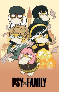 absurdres anya_(spy_x_family) black_hair brown_hair clock clock_tower cosplay crossover gen_1_pokemon glasses highres nintendo pink_hair pokemon pokemon_(creature) psyduck spy_x_family stumptownotaku tower twilight_(spy_x_family) yor_briar yuri_briar