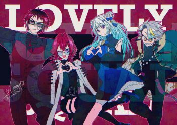 Rule 34 | 2boys, 2girls, :d, :o, adversarial noise, ange katrina, ange katrina (china dress), aqua jacket, artist name, asymmetrical bangs, bans, black dress, black gloves, black pants, black pantyhose, black shirt, black shorts, black thighhighs, blonde hair, blue-tinted eyewear, blue bow, blue eyes, blue hair, blue sandals, blue skirt, bow, braid, china dress, chinese clothes, clothing cutout, crossed bangs, curtained hair, double-parted bangs, double bun, dress, earrings, eyeshadow, facial scar, finger heart, footwear bow, four-finger heart hands, frilled skirt, frills, frown, glasses, gloves, gradient hair, grey-framed eyewear, grey hair, grin, group name, hair bow, hair bun, hair intakes, hair ornament, hands up, hashtag-only commentary, heart, heart hands, highres, indie virtual youtuber, jacket, jacket on shoulders, jewelry, lize helesta, lize helesta (11th costume), long hair, long sleeves, looking at viewer, makeup, miniskirt, multicolored hair, multicolored jacket, multiple boys, multiple girls, necktie, nijisanji, one eye closed, open clothes, open jacket, open mouth, orange-tinted eyewear, outline, pants, pantyhose, pince-nez, pink outline, pleated skirt, puffy long sleeves, puffy sleeves, purple eyes, purple eyeshadow, rectangular eyewear, red background, red hair, red jacket, red necktie, red pants, red vest, round eyewear, sandals, scar, scar on cheek, scar on face, sharp teeth, shirt, short hair, shorts, shoulder cutout, single thighhigh, skirt, sleeves past wrists, smile, streaked hair, tassel, tassel earrings, tassel hair ornament, teeth, tenkai tsukasa, thighhighs, thumbs down, thumbs down heart hands, tinted eyewear, tondemo (ton demo555), twin braids, two-tone hair, two-tone jacket, two side up, utai meika, v-shaped eyebrows, very long hair, vest, virtual youtuber, waistcoat, watermark, white hair, wide sleeves, x hair ornament, yellow eyes