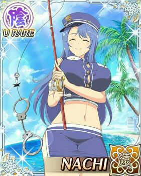 1girl beard blue_hair breasts button_gap card_(medium) cleavage closed_eyes closed_mouth cuffs facial_hair fishing_rod game_cg handcuffs hat highres holding holding_fishing_rod large_breasts long_hair looking_at_viewer nachi_(senran_kagura) navel non-web_source ocean official_alternate_costume official_art palm_tree pencil_skirt police police_hat police_uniform policewoman senran_kagura senran_kagura_new_wave side_slit skirt smile solo tree